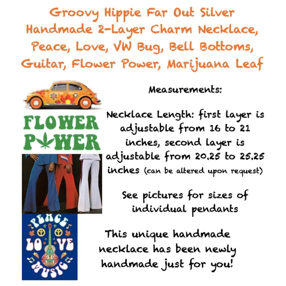 “Groovy Hippie" Handmade 2-Layer Necklace, Flower Power Peace Love Music VW Bug - Picture 14 of 15